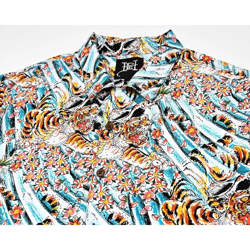 Ed Hardy Shirt Men's M Button‎ Front Camp Tiger Floral Flower Japan Skate Surf